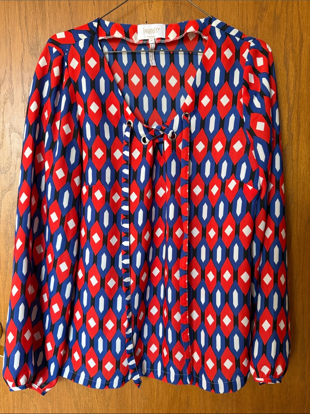 Laundry By Shelli Segal Red, Navy & White Geometric Tie-Neck Top